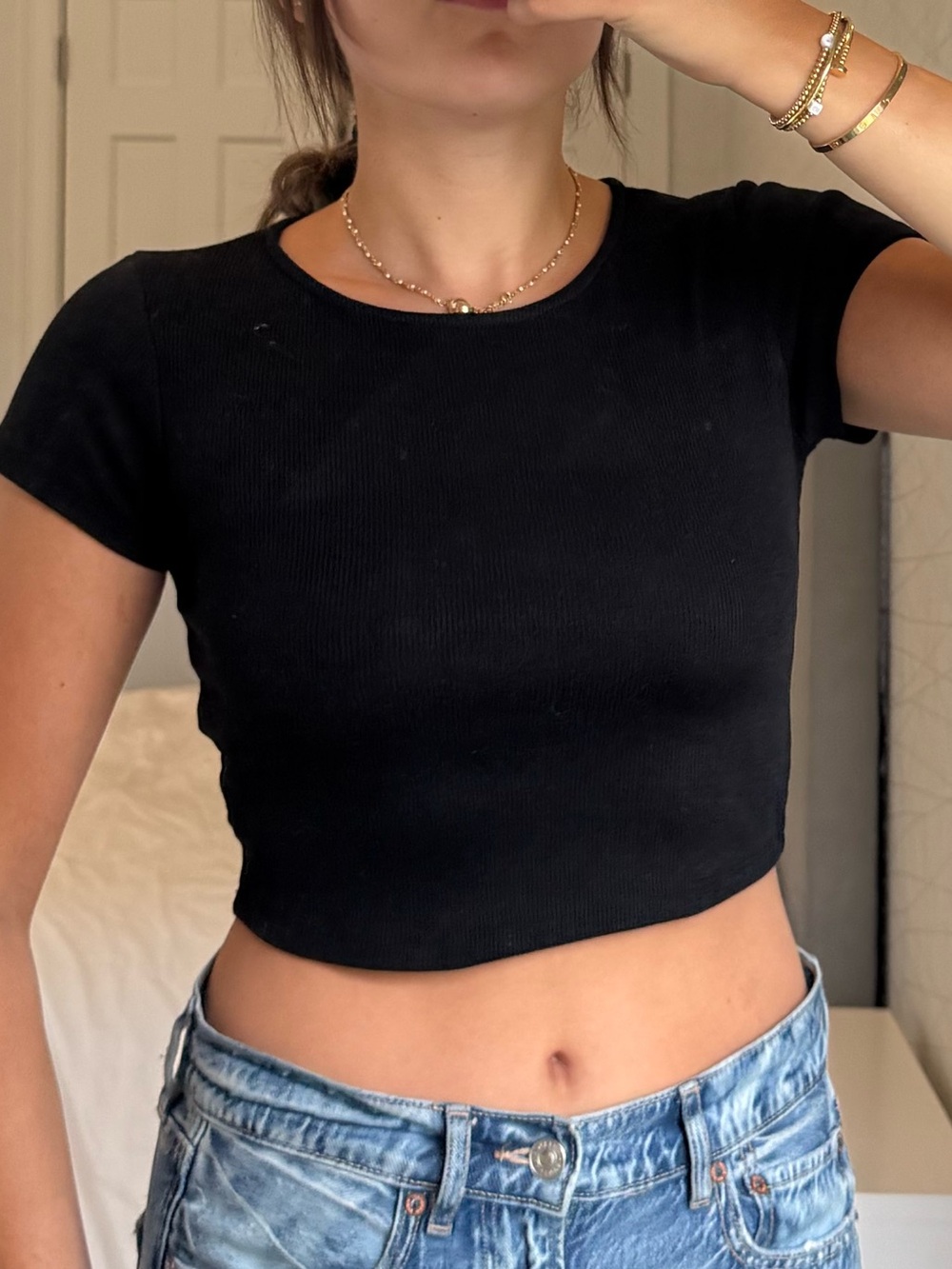 Princess Polly Black Ribbed Crop Tee
